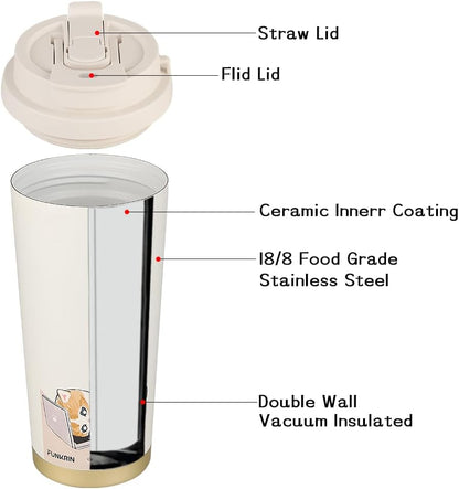 Funkrin Coffee Travel Mug with Straw & Flip Lid, 16oz Insulated Tumbler Cup with Ceramic Coating, Double Wall Vacuum Leak-Proof Mug for Office School Party Camping