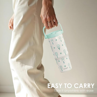 SANDJEST Leopard Skin Stainless Steel Straw Lid Tumbler 30oz with Carry Handle for Women Girls, Insulated Travel Coffee Cup, Gift for Sports Outdoor Workout Christmas Birthday (Beige)