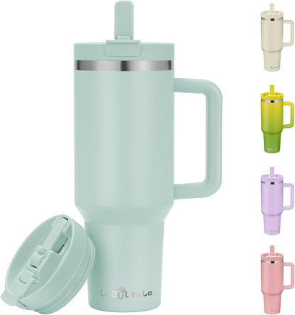 Labulabla 40oz Stainless Steel Insulated Tumbler with Flip Straw, 2-in-1 Lid, 100% Leakproof, Cup Holder Friendly, Handle, BPA-Free (light pink, 40, ounces)