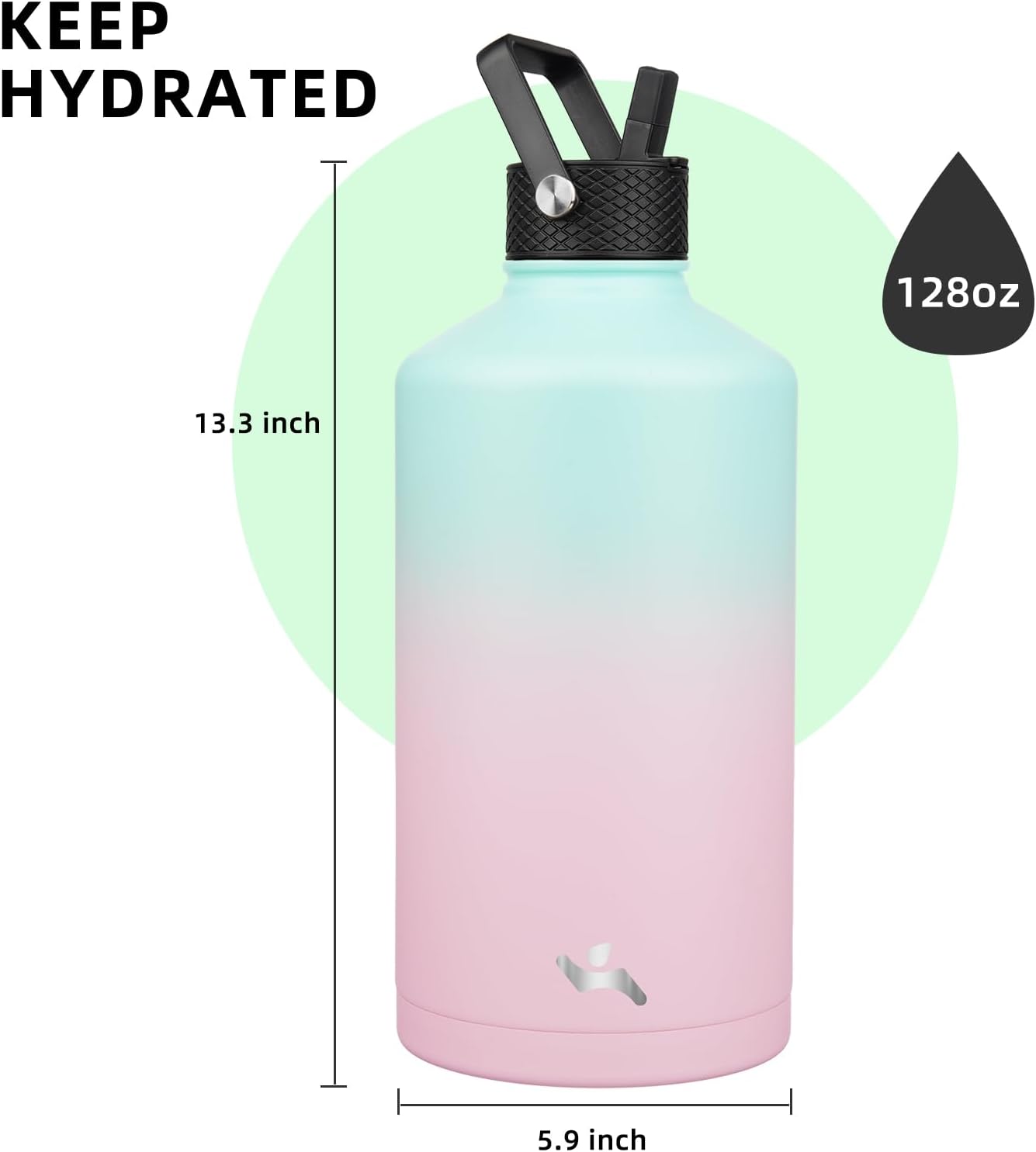 Konokyo 22oz Stainless Steel Bottles with 3 Lids Sport Insulated Water Bottle,Mint