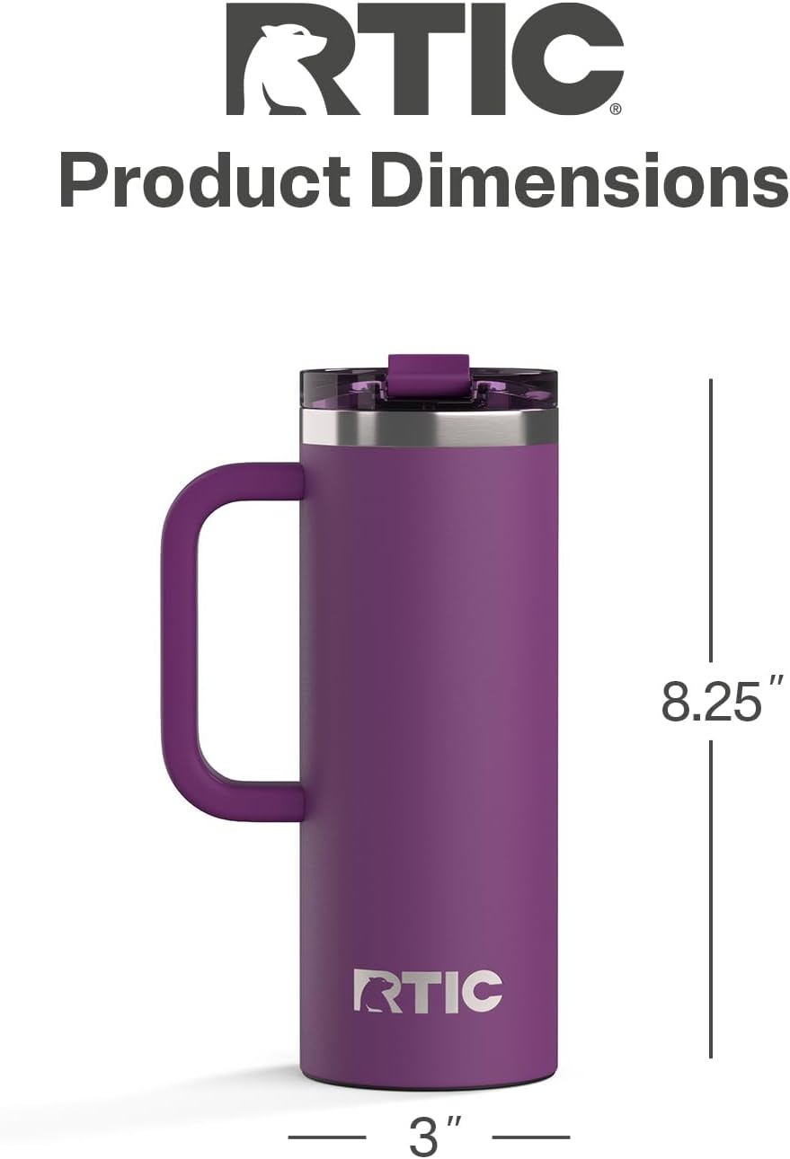 RTIC 20oz Road Trip Travel Mug with Lid and Handle, Ceramic Lined, Insulated, Stainless Steel, Metal, Double Wall Vacuum-Insulation, Portable Coffee, Tea Cup for Hot and Cold Drink, Black