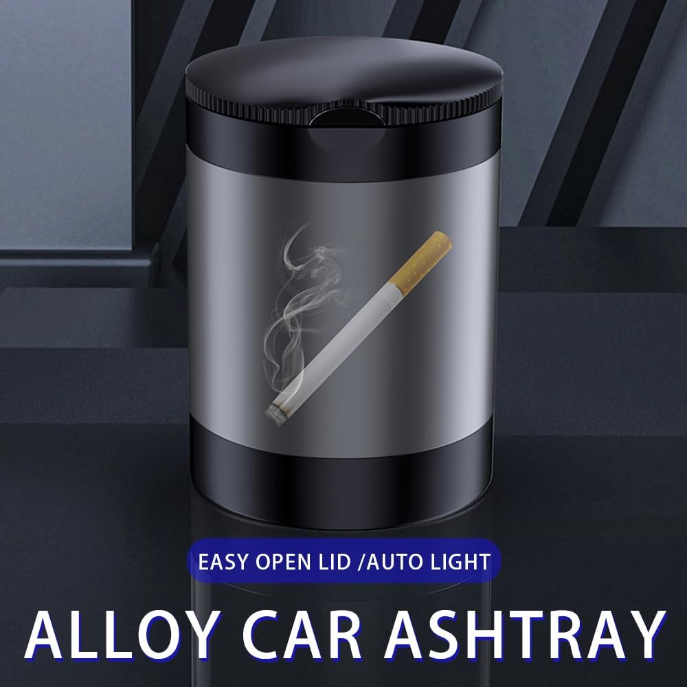 Ashtray with Lid,Smokeless Ashtray for Cup Holder Smell Proof,Detachable Stainless Steel Car Ash Tray with LED Auto Light, for Most Car, Office, Home (Grey)