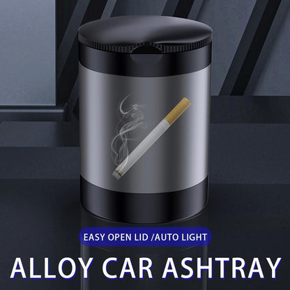 Ashtray with Lid,Smokeless Ashtray for Cup Holder Smell Proof,Detachable Stainless Steel Car Ash Tray with LED Auto Light, for Most Car, Office, Home (Grey)