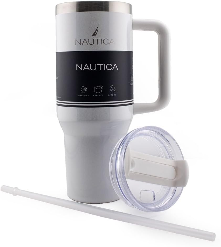 Nautica 40oz Insulated Tumbler with Handle and Straw, Stainless Steel Double Wall Vacuum Travel Mug, Leak-Resistant 3-Way Lid, Keeps Cold for 24 Hours, Fits Car Cup Holders (NAVY)