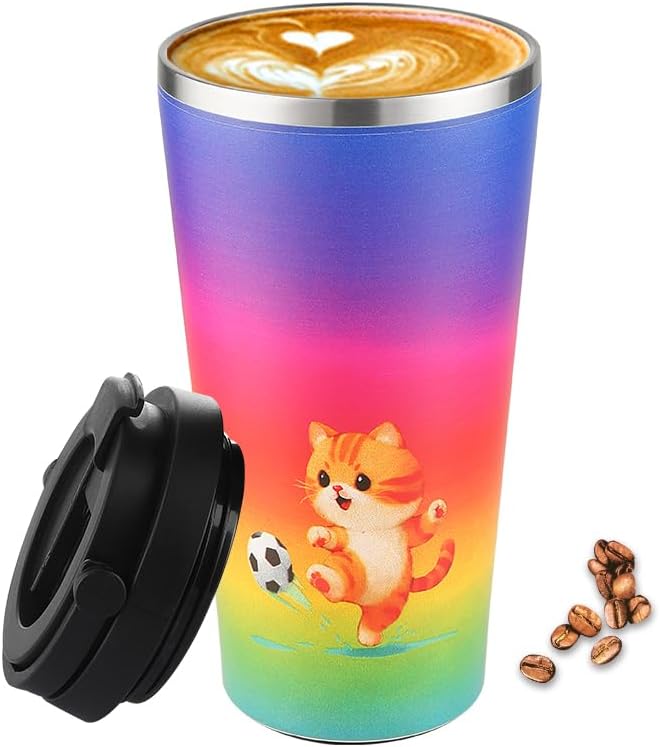 Funkrin Insulated Coffee Mug with Ceramic Coating, 16oz Iced Coffee Tumbler Cup with Flip Lid and Handle, Double Wall Vacuum Leak-Proof Travel Mug for Office School Party Camping