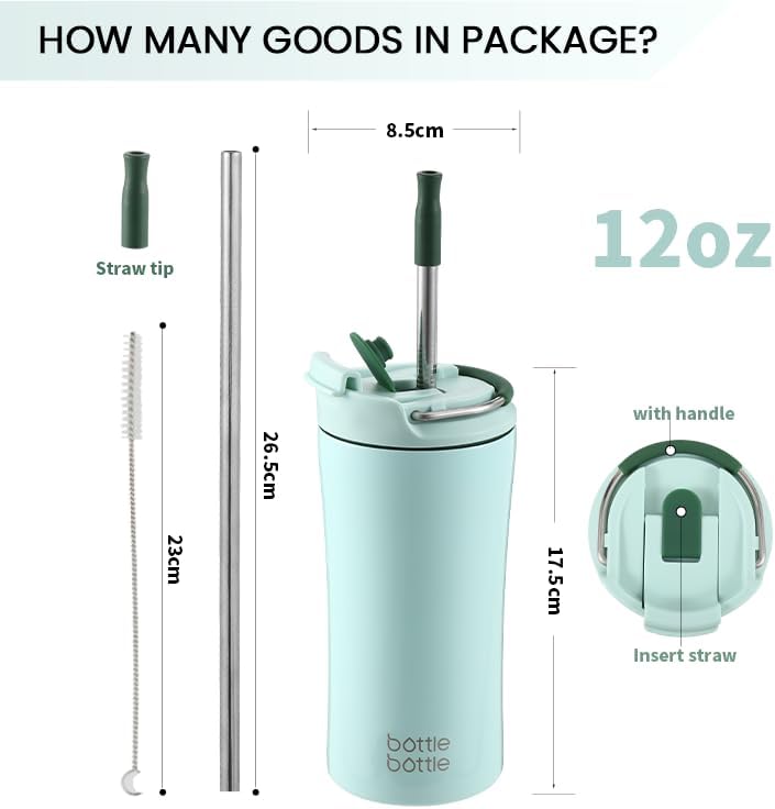 BOTTLE BOTTLE Coffee Tumbler with Dual-use Lid and Straw Double Walled Iced Travel Coffee Mug for Woman and Man 12 oz Stainless Steel Insulated Tumbler with Handle (blue)