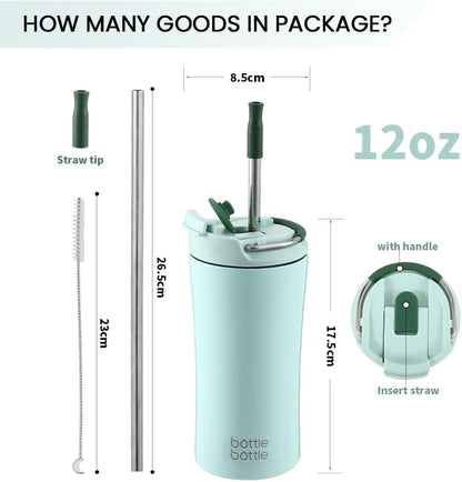 BOTTLE BOTTLE Coffee Tumbler with Dual-use Lid and Straw Double Walled Iced Travel Coffee Mug for Woman and Man 12 oz Stainless Steel Insulated Tumbler with Handle (blue)