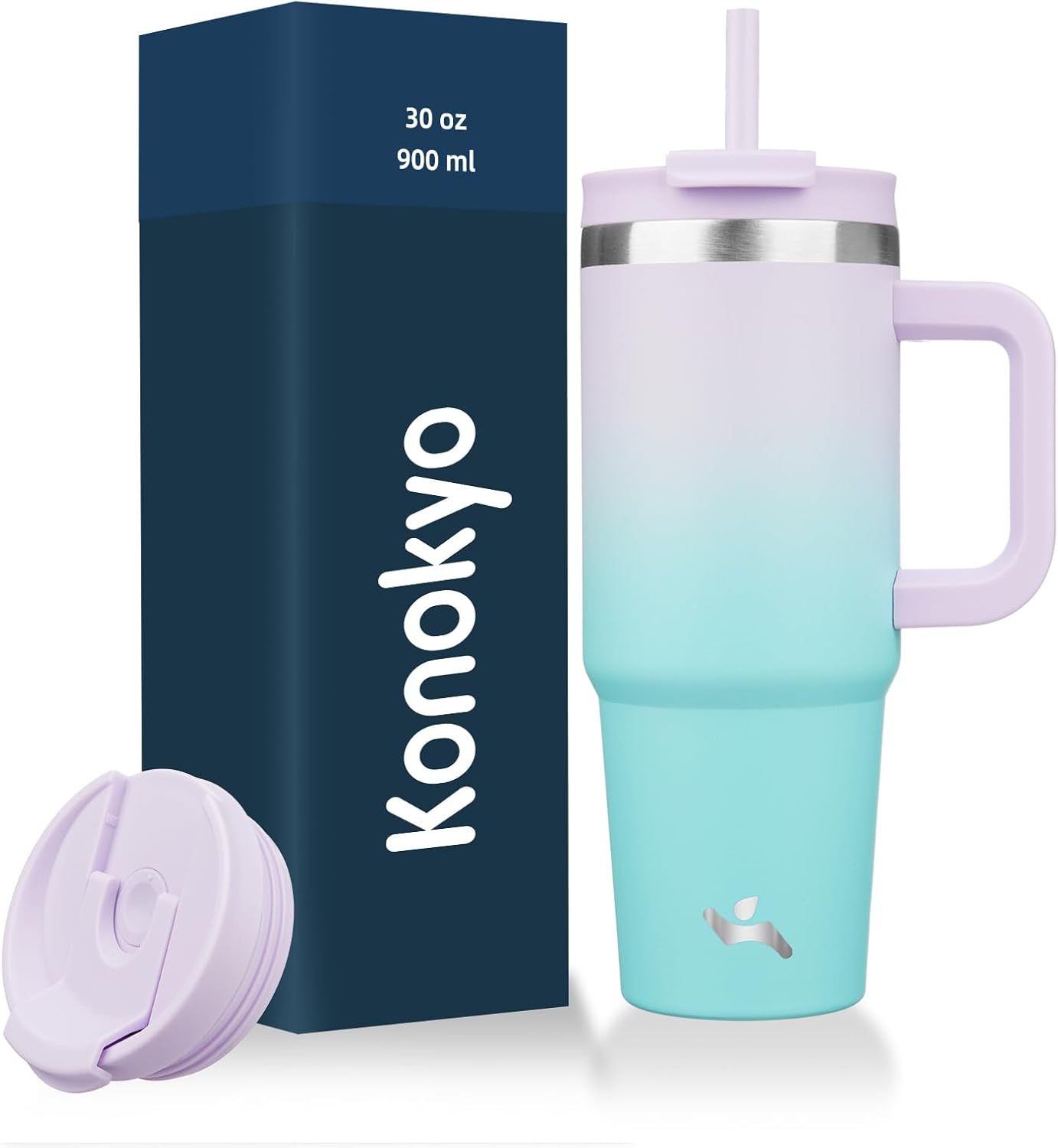 Konokyo 30 oz Tumbler with Handle and 2 Straws,2 in 1 Lid Insulated Water Bottle Stainless Steel Travel Coffee Mug,Sky