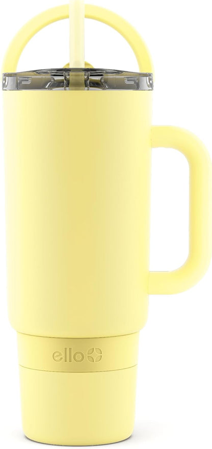 Ello Port 40oz Tumbler with Carry Loop & Integrated Handle, Vacuum Insulated Stainless Steel Reusable Water Bottle, Travel Mug with Leak Proof Lid & Straw, Perfect for Iced Coffee & Tea, White