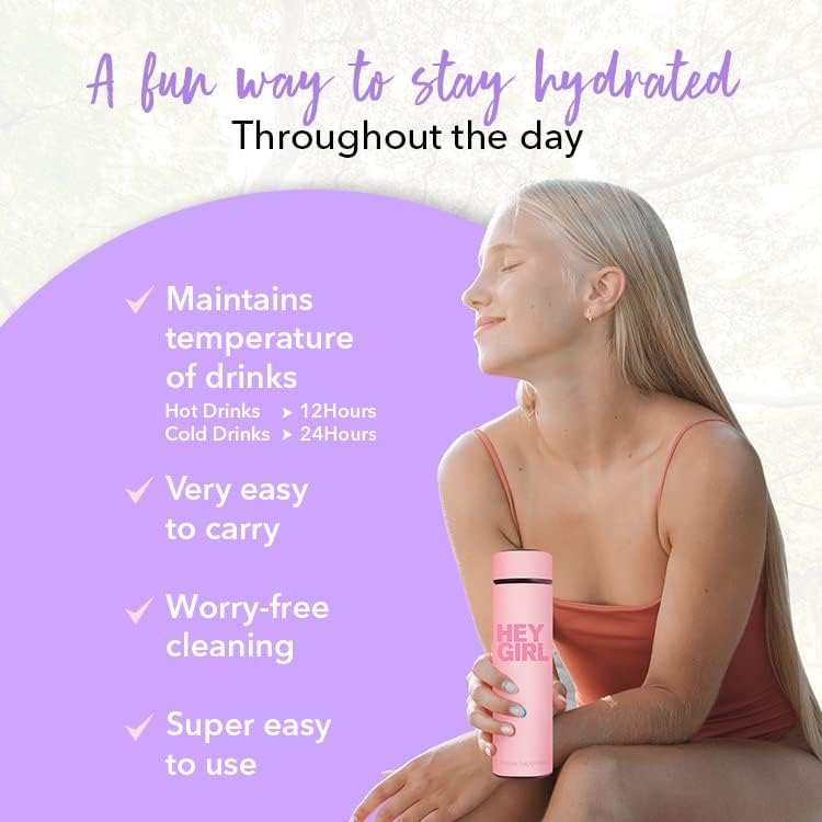 Hey Girl Tea Infuser Bottle 450ml - Insulated Stainless Steel Water Bottle - Tea Tumbler with Tea Diffuser - Portable Travel Mug for Loose Leaf Tea & Infused Water - Tea Lovers Gifts for Women (Pink)