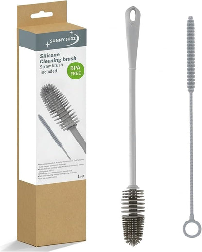 Silicone Bottle Brush & Silicone Straw Cleaner Set – 12.5” Long Handle, Flexible, Odor-Resistant, Dishwasher Safe – for Water Bottles, Baby Bottles, Tumblers & Straws (Grey)