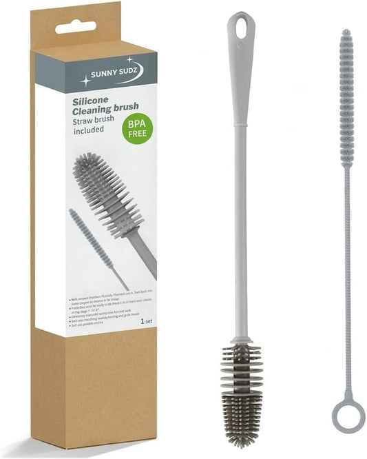 Silicone Bottle Brush & Silicone Straw Cleaner Set – 12.5” Long Handle, Flexible, Odor-Resistant, Dishwasher Safe – for Water Bottles, Baby Bottles, Tumblers & Straws (Grey)