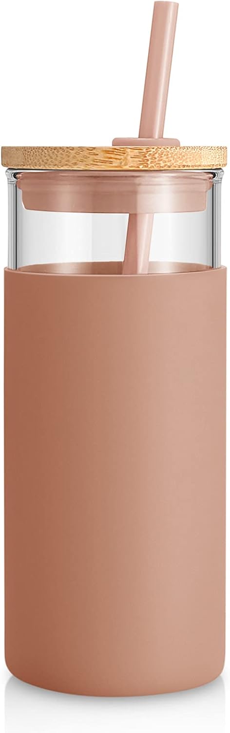 Tronco 20 oz Glass Tumbler with Lid and Straw, Iced Coffee Cup and Smoothie Cup with Bamboo Lids & Protective Silicone Sleeve, Dishwasher Safe, BPA-Free, Glass Cup 1 Pack - Colors A