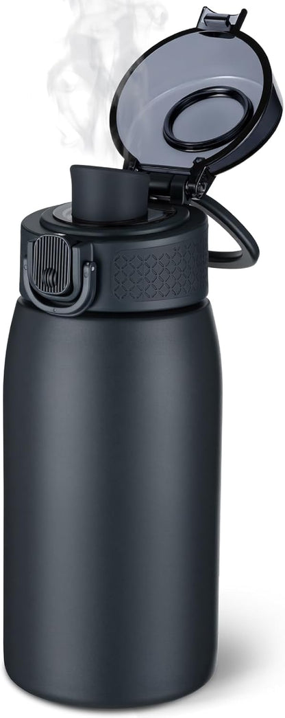 Insulated Water Bottle 24 oz with Dustproof Lid, Carry Handle & Tea Infuser, BPA-Free & Leakproof, Stainless Steel Water Bottles Ideal for Fitness, Hiking, Office & Outdoor Use (Black)