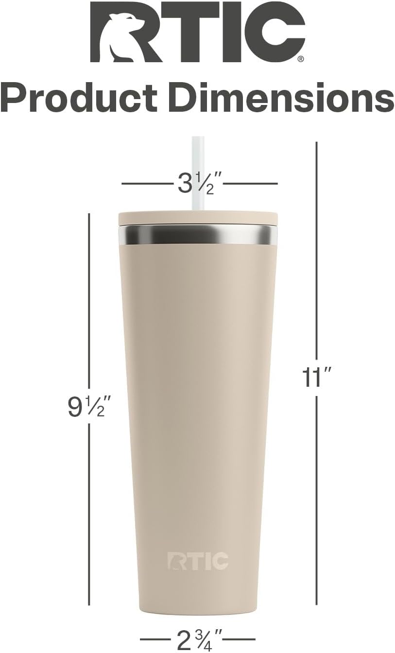 RTIC 20oz Everyday Tumbler Insulated Stainless Steel Portable Travel Coffee Cup with Straw, Ceramic Lining, Spill-Resistant Lid, BPA-Free, Hot and Cold Drink, Beach