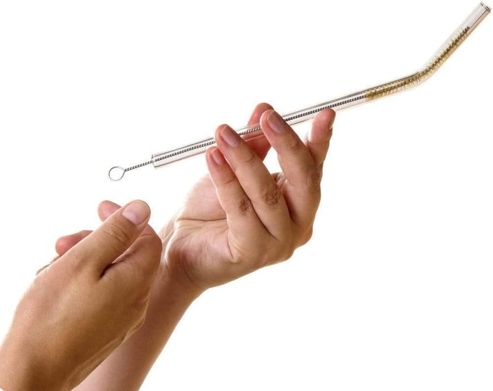 Halm Glass Straws - 6 Long 12 inch Bent Stanley Cup Replacement Drinking Straws + Plastic-Free Cleaning Brush - Perfect for Bottles & Quencher - Made in Germany - Dishwasher Safe - Eco-Friendly
