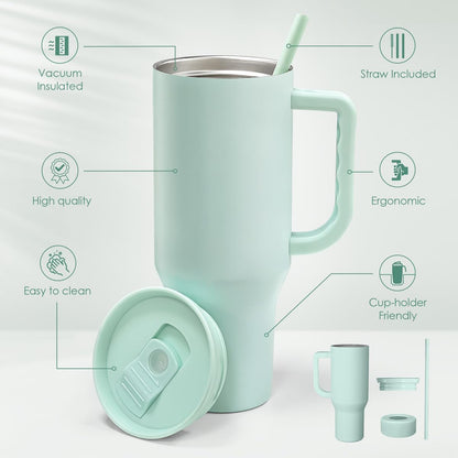 Floral Tumbler with Handle 40oz, Stainless Steel Insulated Tumblers Coffee Travel Mug Cup with Straw, Flower Coffee Cup Gifts for Women Girls, Gift for Her on Christmas Birthday Mothers Day