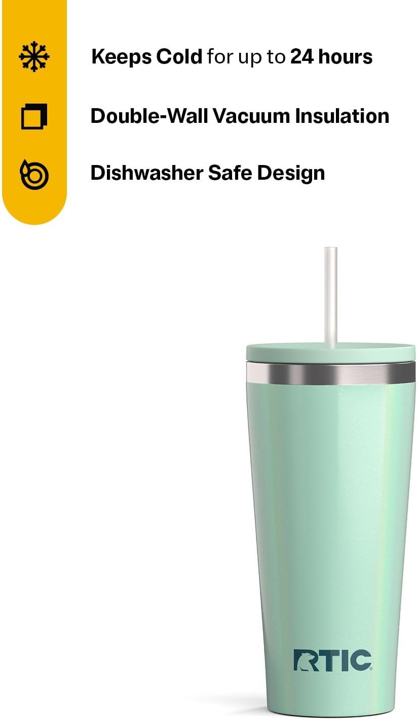 RTIC 20oz Everyday Tumbler Insulated Stainless Steel Portable Travel Coffee Cup with Straw, Ceramic Lining, Spill-Resistant Lid, BPA-Free, Hot and Cold Drink, Beach