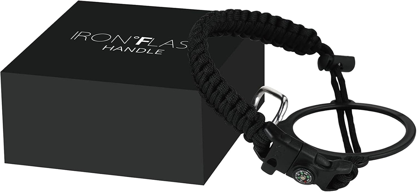 IRON °FLASK Paracord Handle - Fits Wide Mouth Water Bottles - Durable Carrier, Secure Accessories, Survival Strap Cord, Safety Ring, and Carabiner - Seven Core Paracord Bracelet