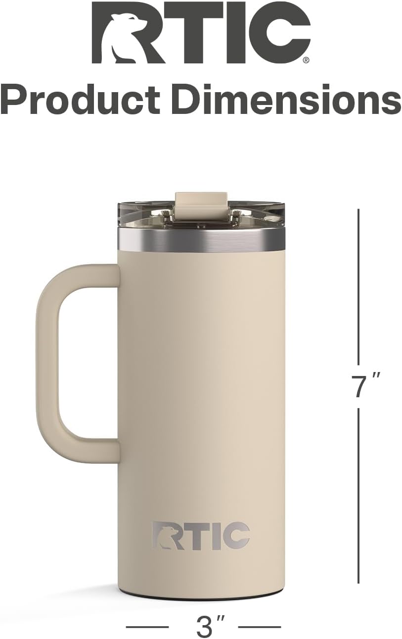 RTIC 20oz Road Trip Travel Mug with Lid and Handle, Ceramic Lined, Insulated, Stainless Steel, Metal, Double Wall Vacuum-Insulation, Portable Coffee, Tea Cup for Hot and Cold Drink, Black