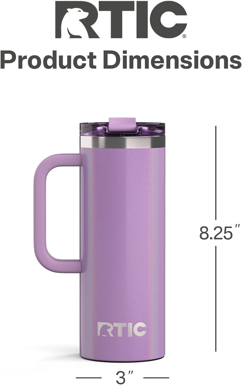 RTIC 20oz Road Trip Travel Mug with Lid and Handle, Ceramic Lined, Insulated, Stainless Steel, Metal, Double Wall Vacuum-Insulation, Portable Coffee, Tea Cup for Hot and Cold Drink, Black