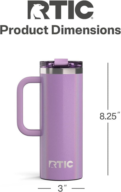 RTIC 20oz Road Trip Travel Mug with Lid and Handle, Ceramic Lined, Insulated, Stainless Steel, Metal, Double Wall Vacuum-Insulation, Portable Coffee, Tea Cup for Hot and Cold Drink, Black