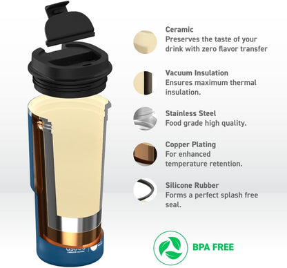 asobu 22oz Extra Large Ceramic-Lined Travel Mug with No Metal Taste-Keeps Flavors True - Double-Wall Vacuum Insulated Coffee Mug with Spill-Proof Pop-Open Lid for Hot Drinks