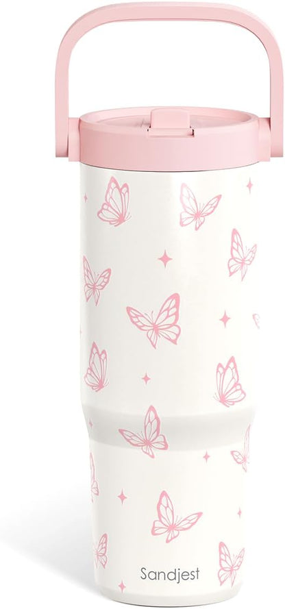 SANDJEST Leopard Skin Stainless Steel Straw Lid Tumbler 30oz with Carry Handle for Women Girls, Insulated Travel Coffee Cup, Gift for Sports Outdoor Workout Christmas Birthday (Beige)