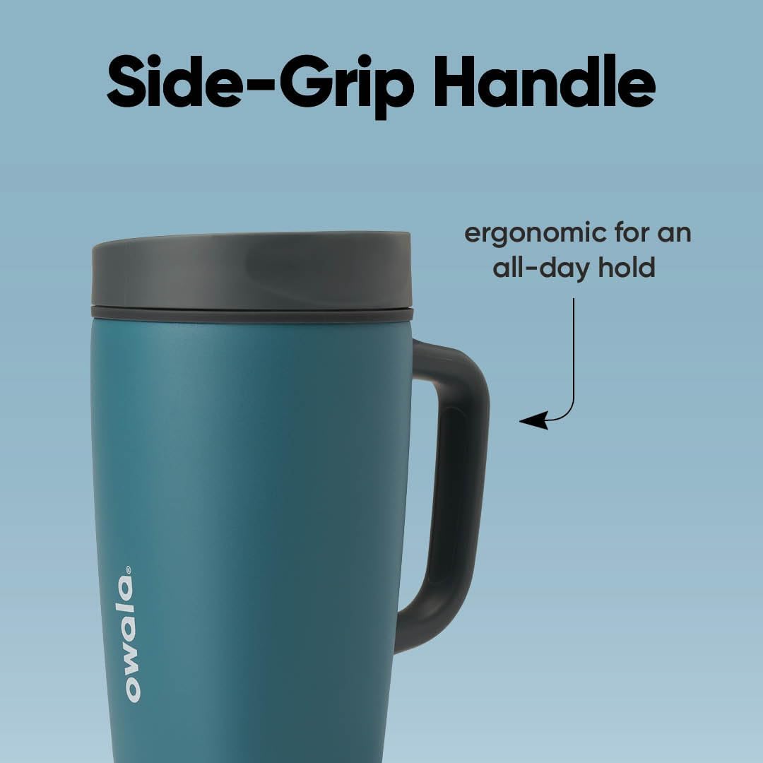 Owala SmoothSip Slider Insulated Stainless Steel Coffee Tumbler, Reusable Iced Coffee Cup, Hot Coffee Travel Mug, BPA Free 20 oz, Grey/Blue (High Dive)