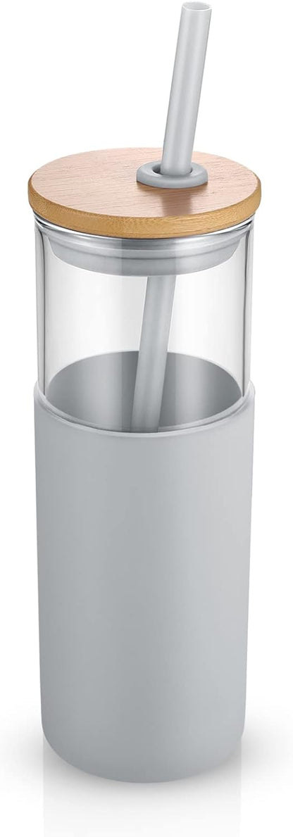 Tronco 24 oz Glass Tumbler with Lids and Straw, Reusable Iced Coffee Cup & Smoothie Cup with Bamboo Lid, Silicone Sleeve, Dishwasher Safe, BPA-Free Borosilicate Glass, 1 Pack