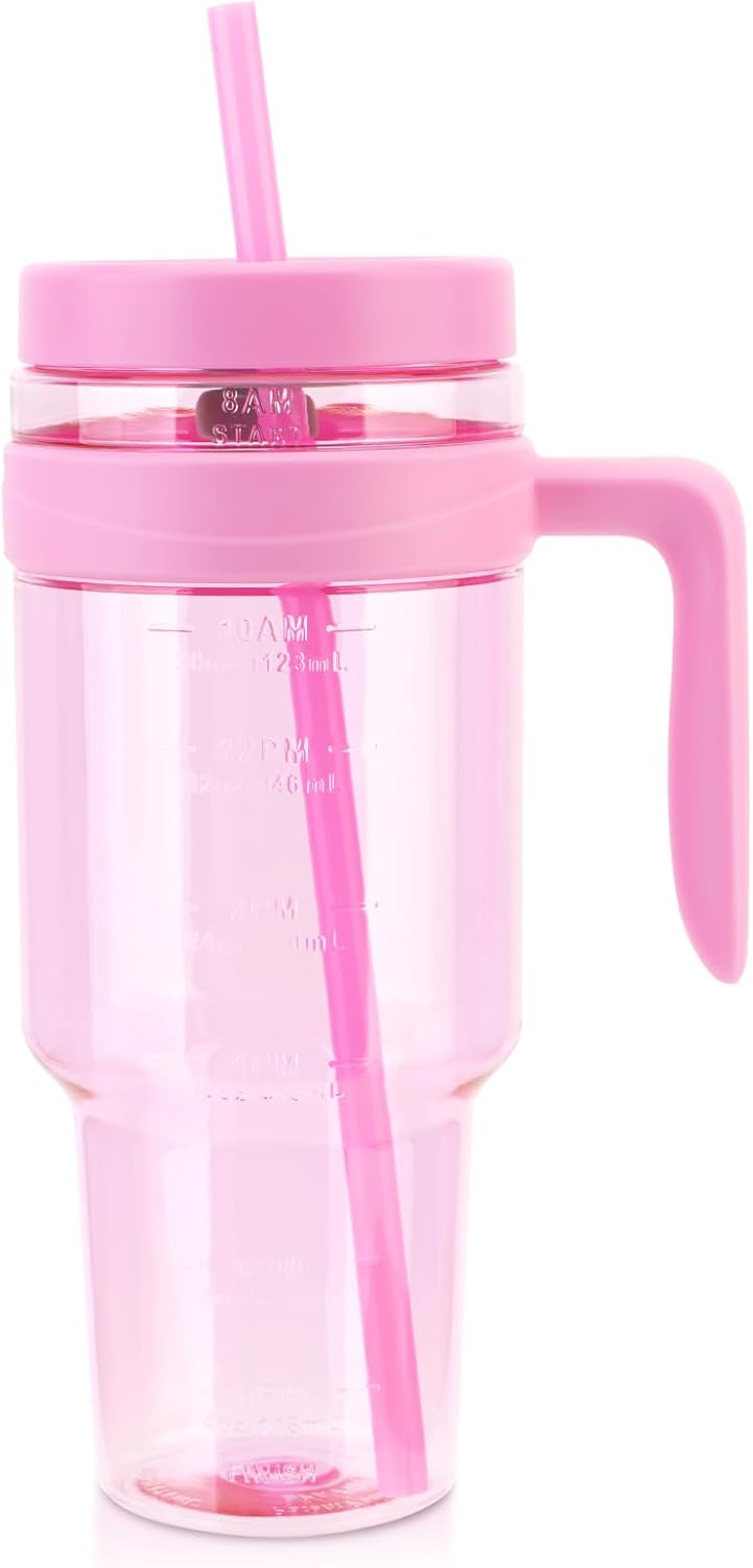 50 oz Tritan Plastic Tumbler with Lid and Straw | Leak-Proof BPA-Free Clear Tumbler with Time Marker | Reusable Travel Mug for Camping, Sports, Office, Road Trips, Parties | Wide Mouth