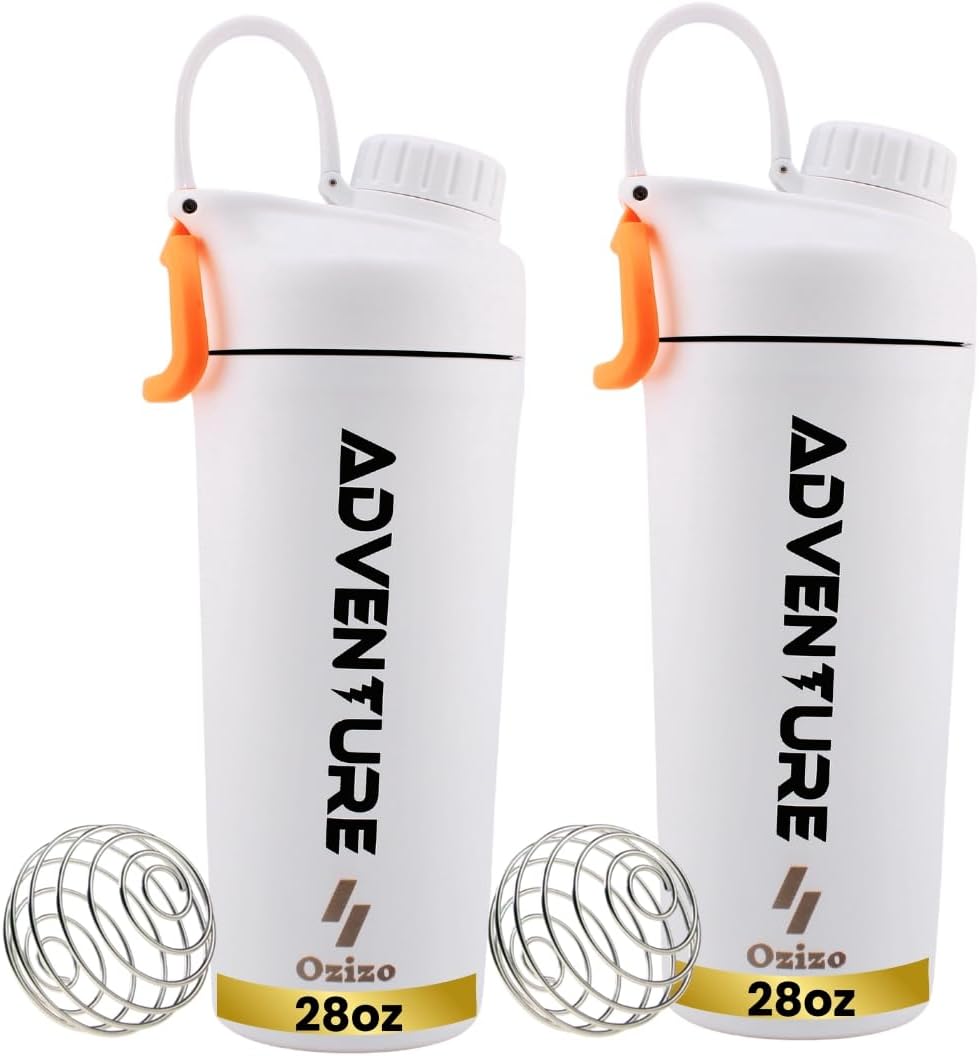 Ozizo 2 Pack Stainless Steel Insulated Protein Shaker Bottle, 20oz Leak Proof Shaker Cup with Wire Whisk Ball for Protein Mixes, Hot & Cold Drinks, Gym & Fitness (Blue + Blue)