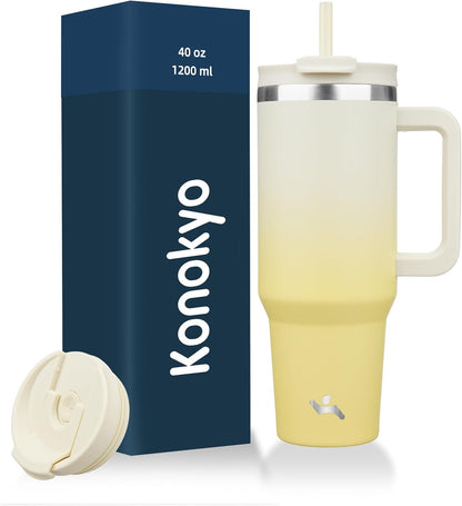 Konokyo 30 oz Tumbler with Handle and 2 Straws,2 in 1 Lid Insulated Water Bottle Stainless Steel Travel Coffee Mug,Sky