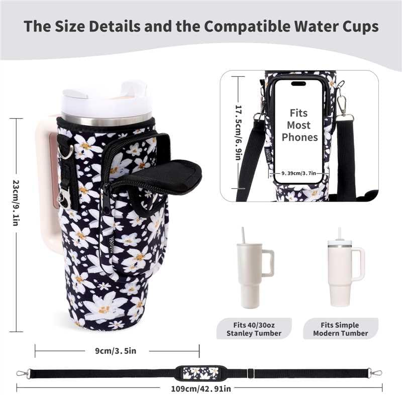 Water Bottle Holder with Strap for Stanley Cup 40/30oz, Insulated Neoprene Stanley Cup Holder with Strap for Tumbler with Handle Stanley Carrier Bag Cross-body Bag for Walking