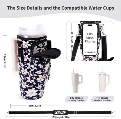 Water Bottle Holder with Strap for Stanley Cup 40/30oz, Insulated Neoprene Stanley Cup Holder with Strap for Tumbler with Handle Stanley Carrier Bag Cross-body Bag for Walking