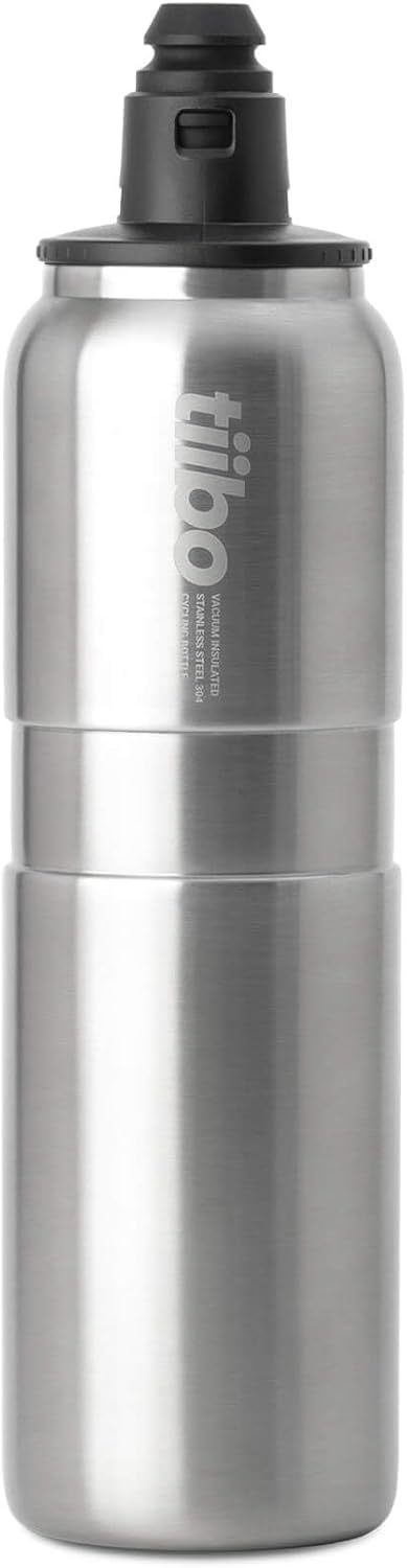 tiibo Vacuum Insulated Stainless Steel Bike Water Bottle, Double Wall, No-Squeeze, Fast Flow Sport Nozzle, Designed for Cycling, Biking, Fitness & Sports, Fits Most Bike Cages (Brushed, 23OZ)