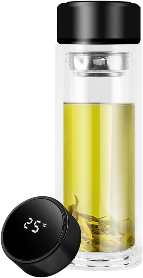 Tea Infuser Bottle - Double Wall Glass Portable Travel Mug with Stainless Steel Filter, 12 oz Capacity, Borosilicated Glass Tea Tumbler Water Bottle Diffuser for Loose Leaf Tea, Flower, Herbal (Black)