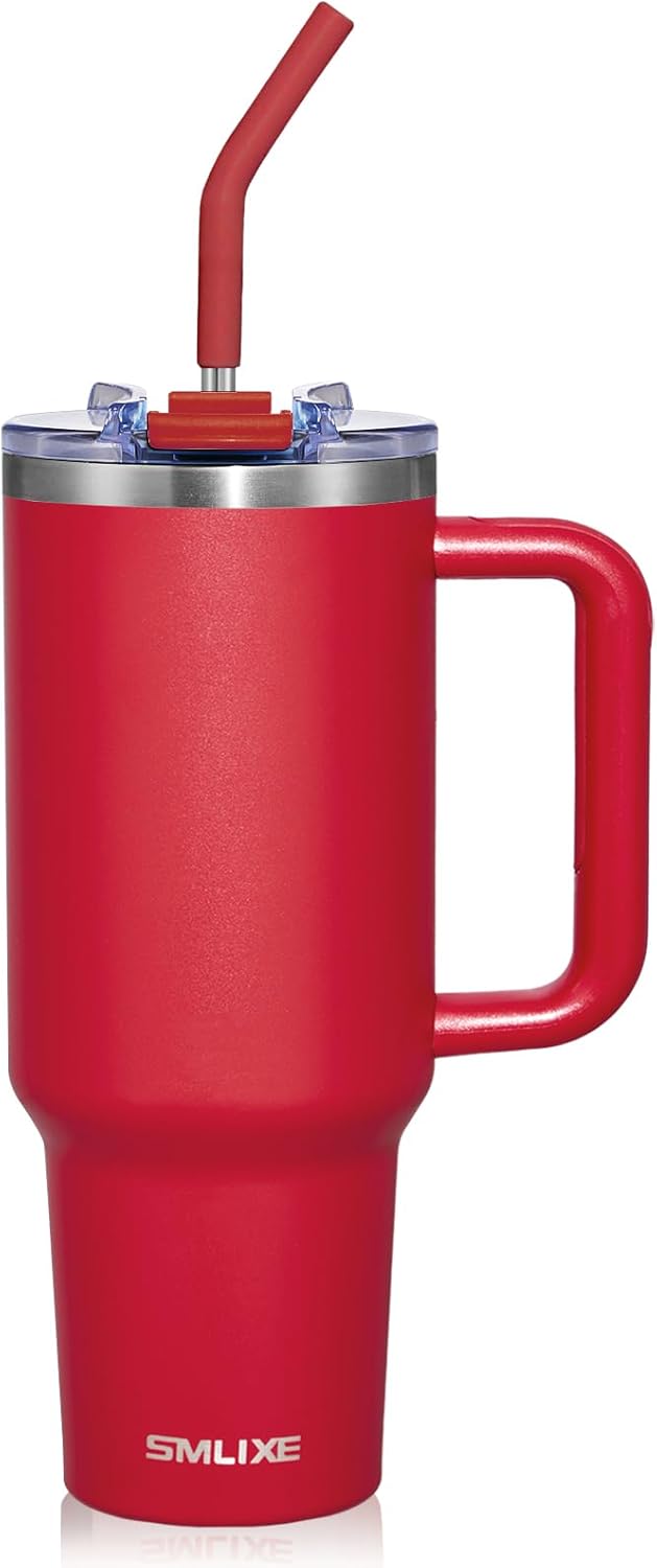 40 oz Tumbler with Handle and Straw Lid,Insulated Reusable Stainless Steel Water Bottle Travel Mug，Cupholder Friendly Double Wall Vacuum Sealed Cup (Black)