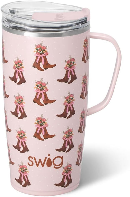 Swig Life 18oz Travel Mug, Insulated Tumbler with Handle and Lid, Cup Holder Friendly, Dishwasher Safe, Stainless Steel, Travel Coffee Cup (Honey Meadow)