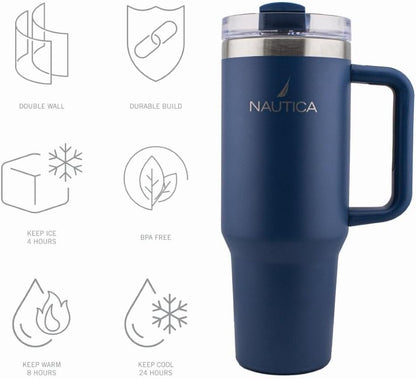 Nautica 40oz Insulated Tumbler with Handle and Straw, Stainless Steel Double Wall Vacuum Travel Mug, Leak-Resistant 3-Way Lid, Keeps Cold for 24 Hours, Fits Car Cup Holders (NAVY)