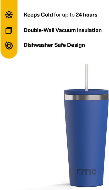 RTIC 20oz Everyday Tumbler Insulated Stainless Steel Portable Travel Coffee Cup with Straw, Ceramic Lining, Spill-Resistant Lid, BPA-Free, Hot and Cold Drink, Beach