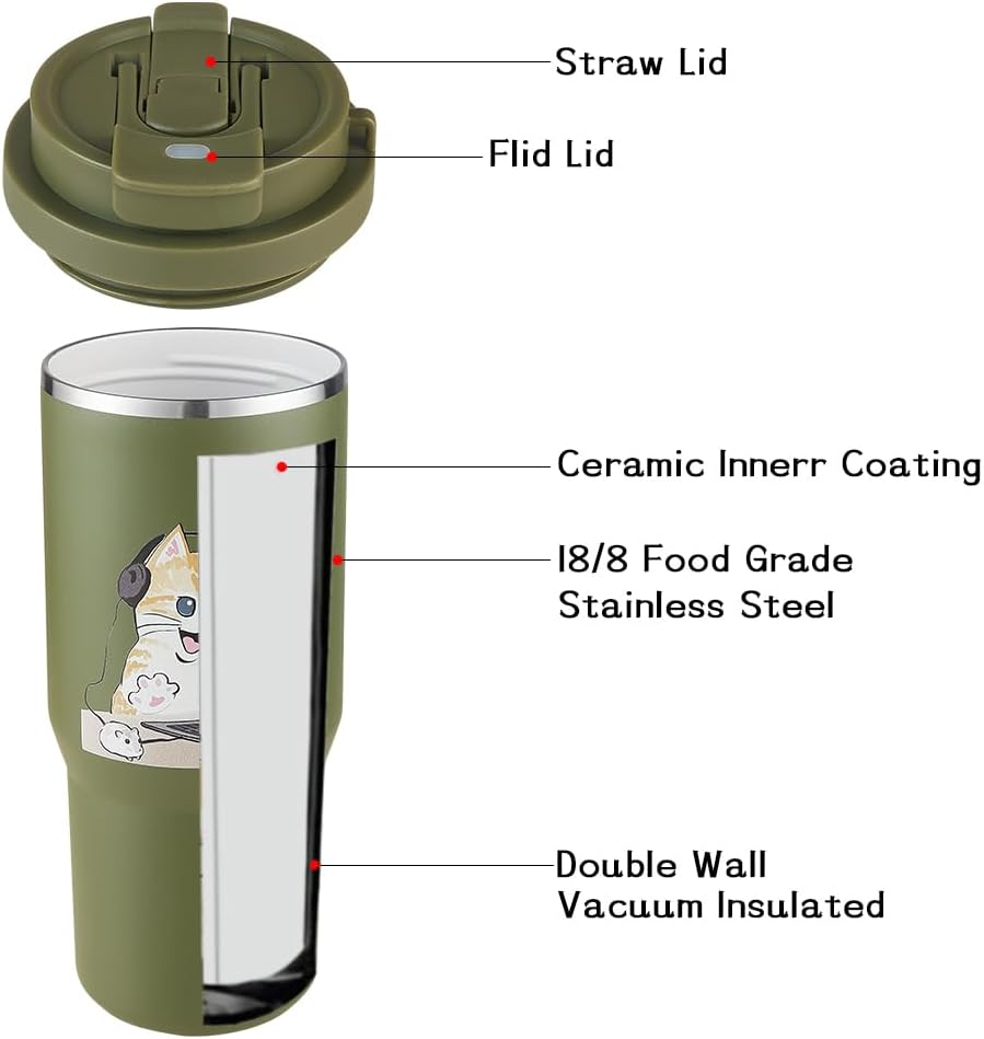 Funkrin Insulated Coffee Mug with Straw & Flip Lid, 24oz Tumbler Cup with Ceramic Coating, Double Wall Vacuum Leak-Proof Travel Mug wiht Tea Infuser for Office School Party Camping