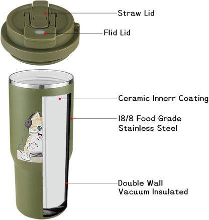 Funkrin Insulated Coffee Mug with Straw & Flip Lid, 24oz Tumbler Cup with Ceramic Coating, Double Wall Vacuum Leak-Proof Travel Mug wiht Tea Infuser for Office School Party Camping