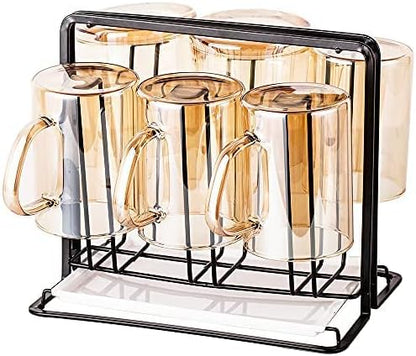 Metal Cup Drying Rack with 6 Hooks, Bottle Drying Rack with Drain Tray,Coffee Mug Holder,Mug Organizer Black
