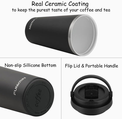 Funkrin Insulated Coffee Mug with Ceramic Coating, 16oz Iced Coffee Tumbler Cup with Flip Lid and Handle, Double Wall Vacuum Leak-Proof Travel Mug for Office School Party Camping