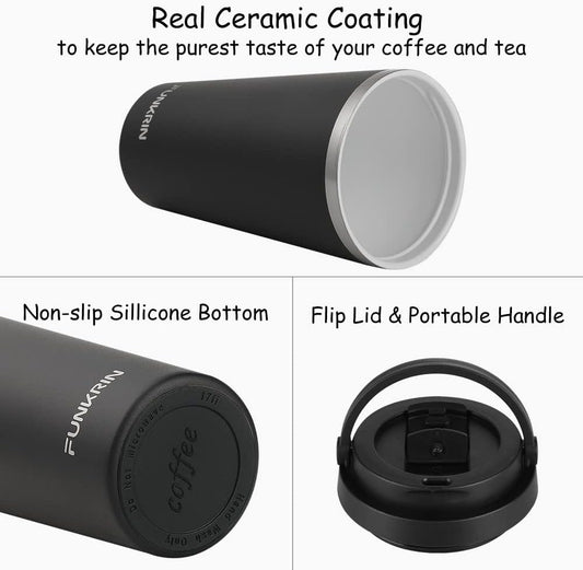 Funkrin Insulated Coffee Mug with Ceramic Coating, 16oz Iced Coffee Tumbler Cup with Flip Lid and Handle, Double Wall Vacuum Leak-Proof Travel Mug for Office School Party Camping