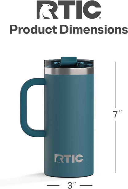 RTIC 20oz Road Trip Travel Mug with Lid and Handle, Ceramic Lined, Insulated, Stainless Steel, Metal, Double Wall Vacuum-Insulation, Portable Coffee, Tea Cup for Hot and Cold Drink, Black