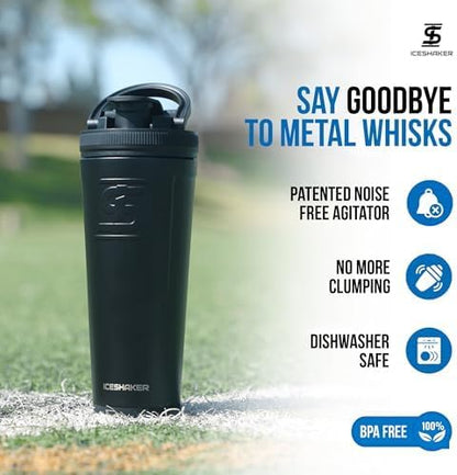 Ice Shaker Insulated Stainless Steel Shaker Bottle | 26oz, Black | Cold for 30+ Hours | Insulated Cup with Twist-on Agitator | Odor-Free Bottle for Protein Shakes, Water, Smoothies, Cocktails