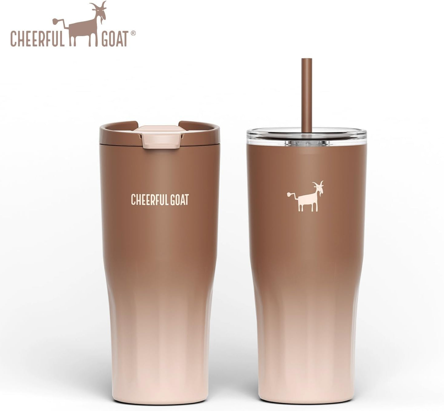 CHEERFUL GOAT Ceramic Lined Coffee Travel Tumbler - Stainless Steel Travel Mug with Ceramic Liner and Lid, 21 OZ Cup for Hot and Cold Beverages at Home or on the Go (Latte Ombre)