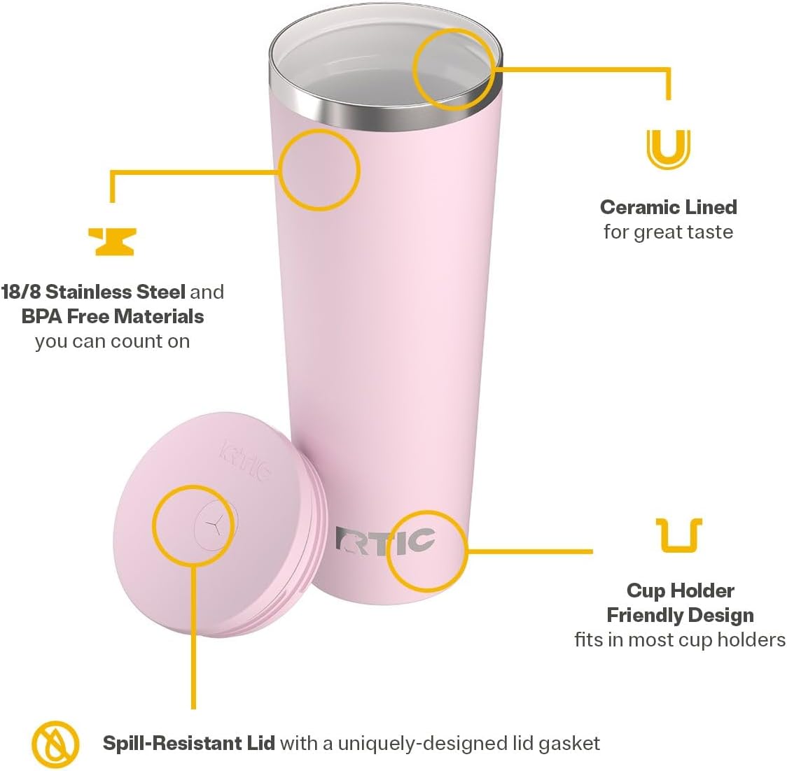 RTIC 20oz Everyday Tumbler Insulated Stainless Steel Portable Travel Coffee Cup with Straw, Ceramic Lining, Spill-Resistant Lid, BPA-Free, Hot and Cold Drink, Beach